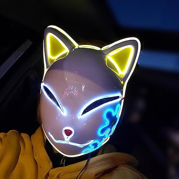 SINSEN Demon Slayer Fox Mask LED Cosplay Cat Mask Japansk anime Halloween kostym rekvisita för barn Vuxna V Yellow
