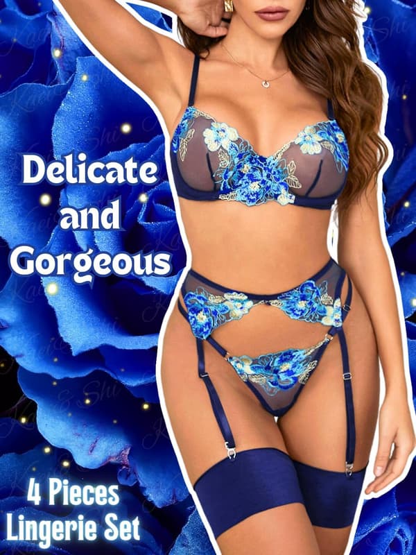 Blommig Broderad, Underwired, T-String, Strumpeband, 4-Delat Lingeri Navy Navy S