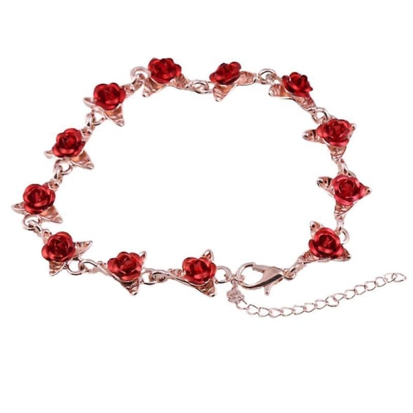 22 cm roséguld färg länkkedja romantiskt armband med röd emalj ros smycken alla hjärtans present