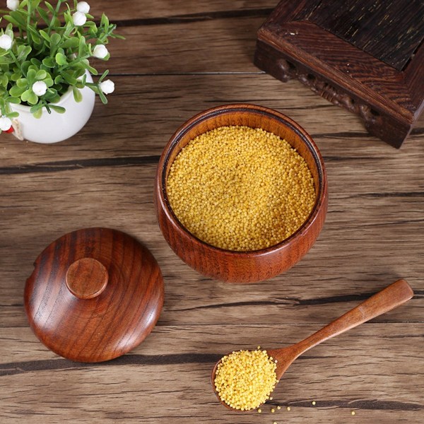 Kryddburk i trä, japansk kryddbehållare med naturlig textur, kryddförvaring i massivt trä för hemmaköksinredning, diskmaskinsäker, lock och sked