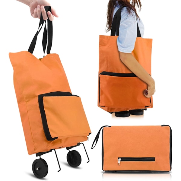 Hopfällbar shoppingvagn, hopfällbar väska med gummihjul hopfällbar vagn Oxford tygväska återanvändbar för stormarknad, kapacitet med hjul Orange