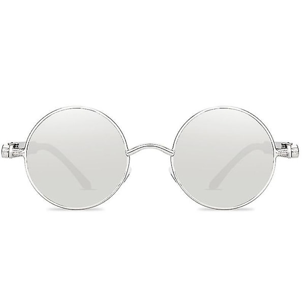 Vintage Polariserende Steampunk Runde Solbriller til Mænd, Stilfulde Db Silver Frame and Lenses