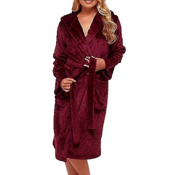 Fleece badekåpe Dame Morgenkåpe Hette Sleping Badekåpe Natttøy CMK Wine Red 4XL