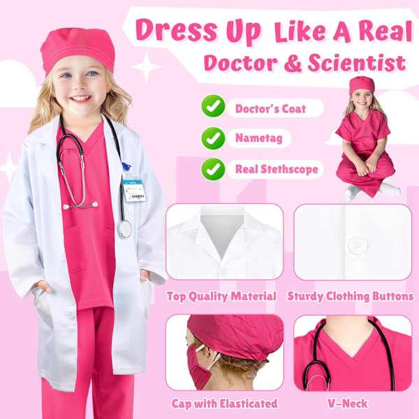 Lægeudklædning til børn - Scrubs, Stetoskop, Kitel - Halloweenkostume, Erhvervsdagskostume til piger 3-12 år 9-11 Years 9-11 Years Rose
