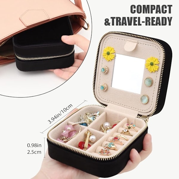 Mini Smykkeskrin i Velour til Rejser med Spejl, Smykkeskrin Organizer til Rejser, Smykkeopbevaringsboks til Ringe Øreringe Halskæder Armbånd Sort Black