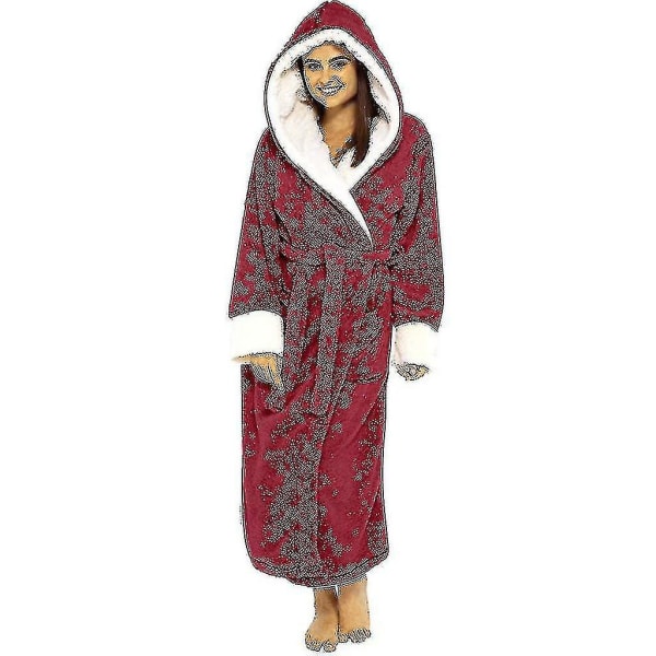 Fleece Bathrobe Women Soft Dressing Gown Hooded Fluffy Towling Bath Robe CMK Red S