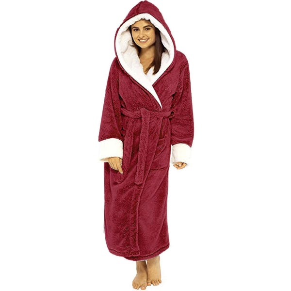 Women Sherpa Fleece Bathrobe Soft Dressing Gown Hooded Fluffy Towling Bath Robe CMK Red 3XL