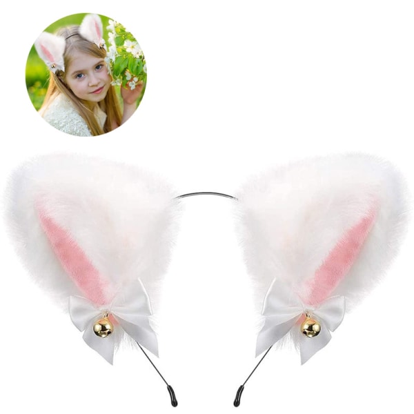 Cat Ears Cosplay Pannband Anime With Bells, White Pink