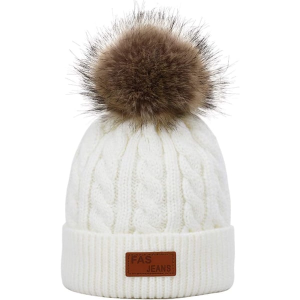 Baby varm lue skjerfsett med pels Pom Pom white