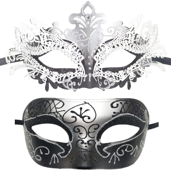 Par Maskerad Mask Metall Järn Butterfly Ball Mask (Sølv Svart) 2 Styck Silver black