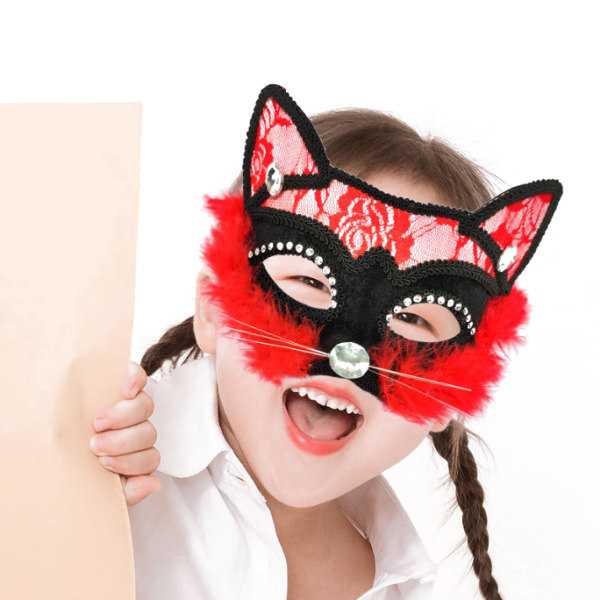 Maskeradmask Black Cat Lace Mask red