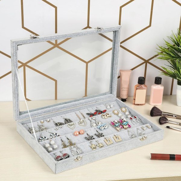 Øreringeorganiseringsbakke Display Grå Velour med 50 Rum og Låg - 4-lags Smykkeorganiser Øreringe Display med Klart Glaslåg Stud Øreringe