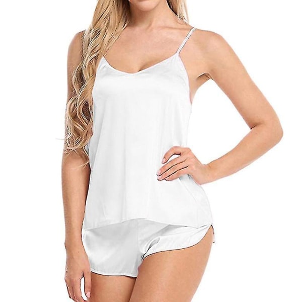 Women Sleeveless Strap Sleepwear Solid Pajama Sets CMK White XXL