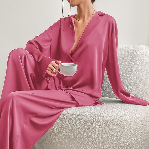 Oversized Satin Silk Sleepwear Low Cut Sexy Pajamas For Women Single-breasted Long Sleeves Wide Leg Pants Trouser Suits CMK Pink M