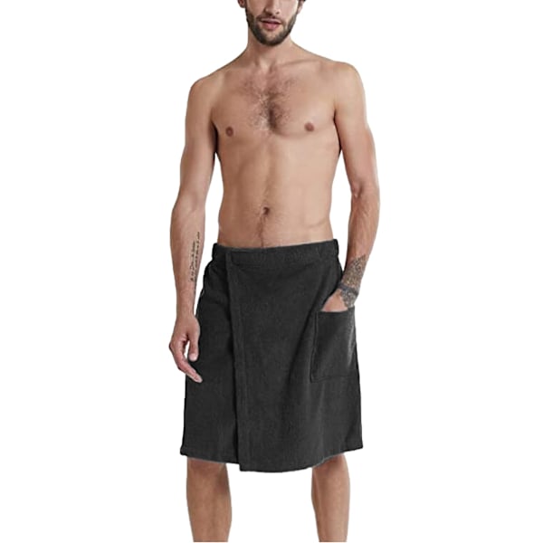 Justerbart badehåndkle-skjørt for menn - Bærbart håndkle-skjørt med lomme for gym, dusj, badstue, spa og strandklær svart M Black