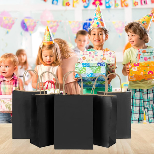 Paperikassit juhliin, 12 kpl lahja- ja karkkipusseja kahvoilla, mustat voimapaperikassit lastenjuhliin, syntymäpäivään, häihin, jouluun (150x80x210mm) Black