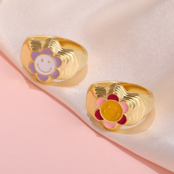 Guldringar, Set med söta hjärtblommor for kvinder, flickor, tykke ringar, lila, størrelse:7