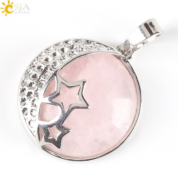 Fashion and beautiful ladies natural crystal necklace bezel setting half stone pendant cutout back round moon CMK Rosequartz