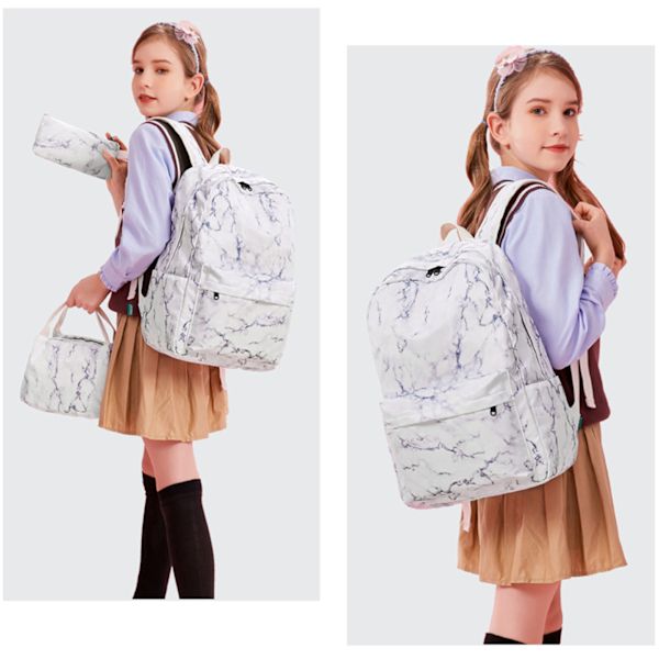 Söt marmor skolryggsäck för flicka Pojke Tonåringar Bokväska Set Laptop Dagsäck Lunch Tote Pencil Bag Skolväska