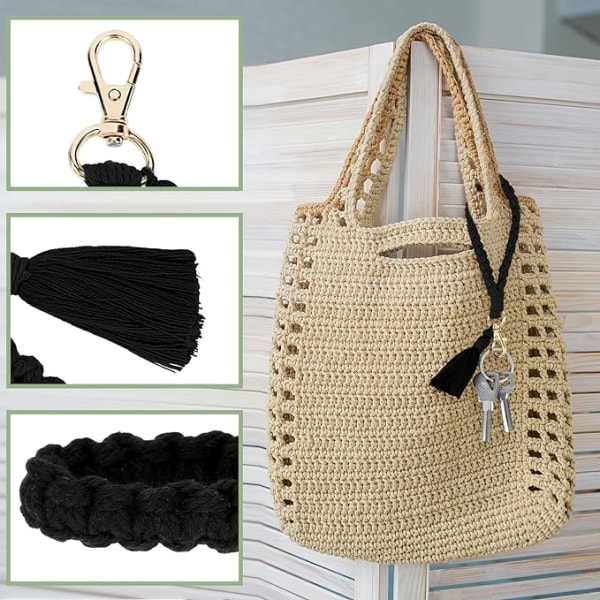 【Mingbao butik】Lusofie Macrame Nyckelring Boho Flätad Nyckelring Kort Nyckelband Tofs Pendant Bilnyckelring för kvinnor Black