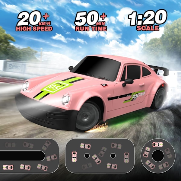 RC Driftbil 2.4GHz 1:20 Skala 4WD 20KM/H Hög Hastighet Fjärrstyrd Bil med LED-lampor Driftdäck 2 st Laddningsbara Batterier Leksaksbil Pink