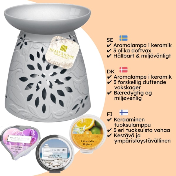 Aromalampa Paket med 3 Väldoftande Doftvaxkakor - Perfekt Present till Alla Tillfällen - Aromalampa i Keramik Doftvax Sojavax - Aromalampor Vit