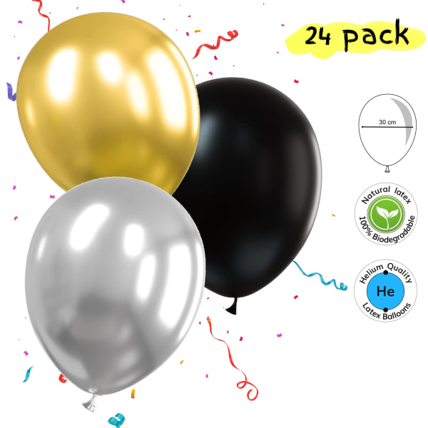 Lateksballonger Pakke med 24, svart + gull + sølv Multicolor