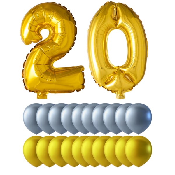Ilmapallot 20 vuoden syntymäpäiväjuhlat - kulta- ja hopeahahmot, lateksi ja folio, heliumin laatu, koristelusarja Multicolor