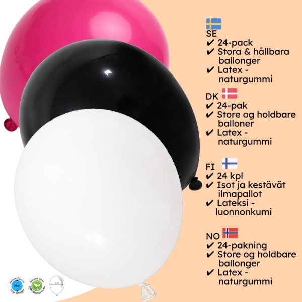 Ilmapallot vaaleanpunaisena, valkoisena ja mustana - vaaleanpunainen, valkoinen ja musta ilmapallot Ensiluokkaista laatua juhlakoristeisiin Multicolor