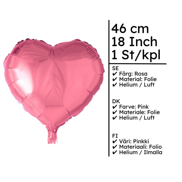 Folieballong Hjerte rosa - 46 cm Hjerteformet ballong Pink