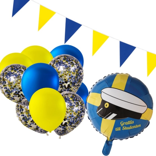 Student Dekoration Set - Gul & Blå Ballonger, Girlang Gul & Blå, Folieballong Grattis till Studenten, Konfettiballonger - Latexballonger  - Student
