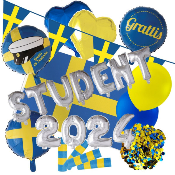 Studenten Dekorationspaket XL Gul & Blå Heliumballonger, Folieballonger, Konfetti, Serpentiner & Vimpelgirlang för Examen - Student