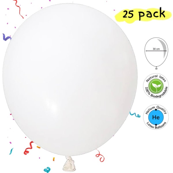 Valkoiset ilmapallot häihin - 25-pakkaus, heliumlaatuinen, ympäristöystävällinen, korkealaatuinen White