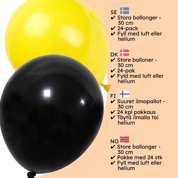 Ballonger Latex Fest Bursdag Gul Svart 24-Pak 30 Cm Multicolor