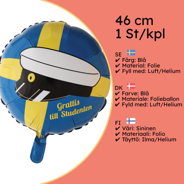 Folieballong för Examensfest - Student 46cm Gul & Blå,  för Helium eller Luft, Självförslutande för Studenten Firande, Examen - Student multifärg
