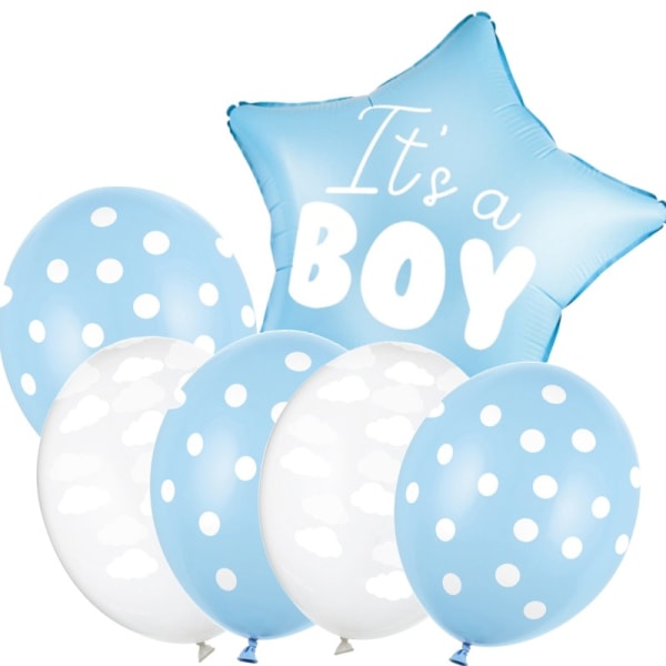 It's a Boy Babyshower Ballongset - Folie & Latex, Blå Vit, Molntryck, Helium-kompatibla, Dekor för Gender Reveal Pojke Blå
