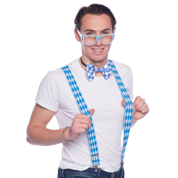 Oktoberfest miesten asustesarja - baijerilainen tyyli, olkaimet, rusetti ja lasit sinisenä ja valkoisena Multicolor