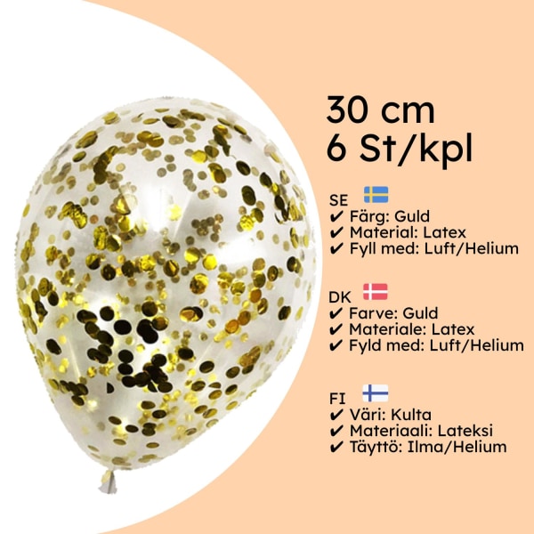 Ballonger 6-pakkning med konfetti i Gull farge Gold