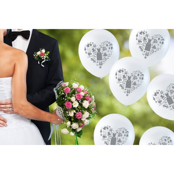 Hvide bryllupsballoner med gråt print - latex dekorationsballoner til bryllupper og fester 6-pak White