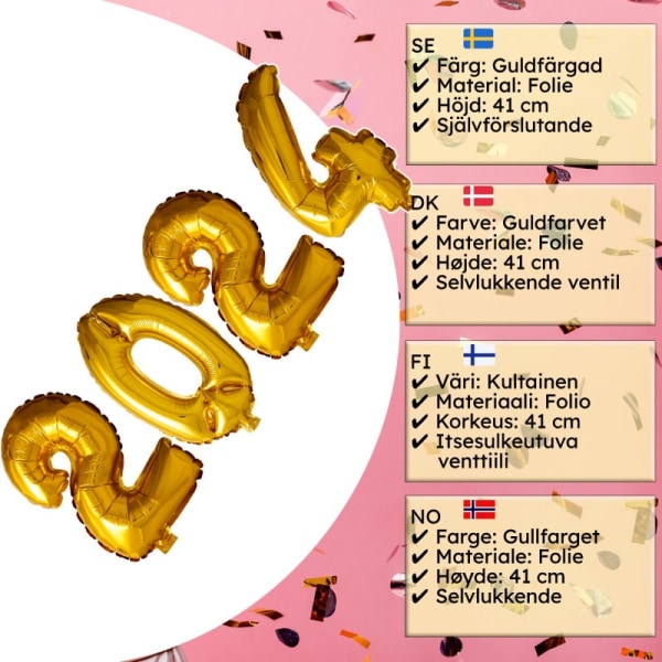 Tallballonger 2024 Gullfolieballonger - Perfekte dekorasjoner for nyttår, student og fest. Laget i folie - Nyttår - Tallballonger Gold 41 cm