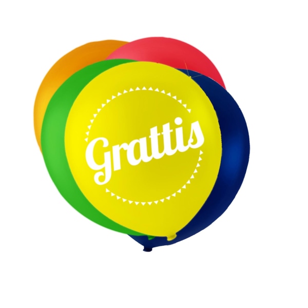 Ballonger i blandade färger med texten 'Grattis' multifärg