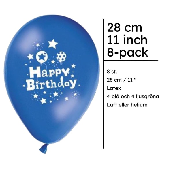 Balloner Happy Birthday 8 stk 4 blå og 4 lys grøn - 28 cm / 11" Multicolor