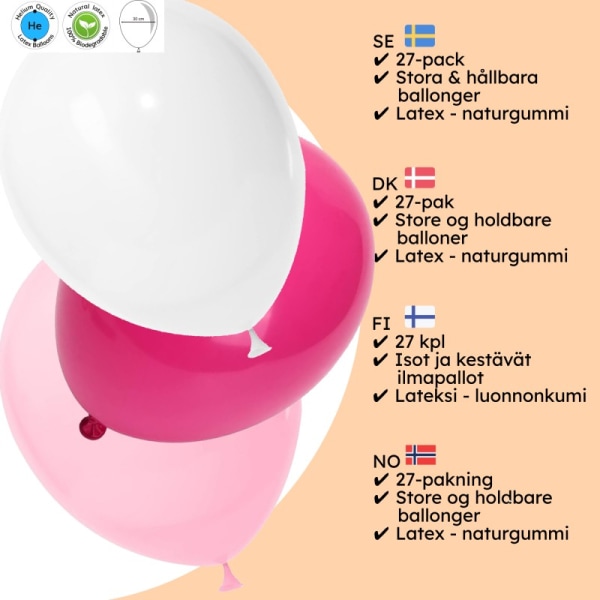 Ballonger Rosa Vit Ljusrosa 27 Ballonger - Bröllop, Dekoration, Födelsedagsballonger, Latexballonger, Heliumballonger, Festballonger multifärg