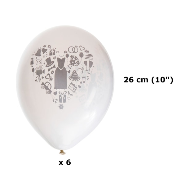 6 x heliumkvalitets romantiske bryllupsballonger hvit - 26 cm (10") White