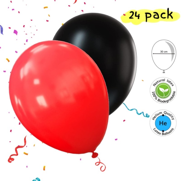 Punaiset ja mustat ilmapallot 24 kpl - Sekalaiset ilmapallot punaisena ja mustana juhlakoristeisiin Multicolor