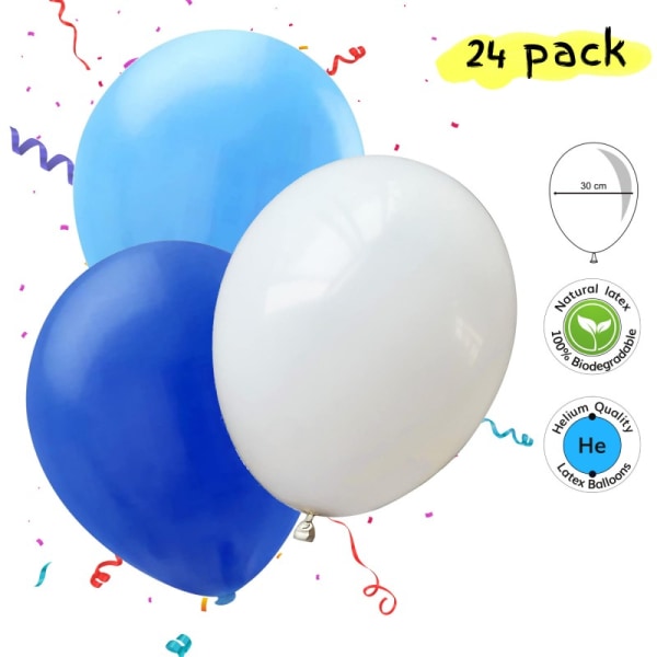 Balloner lyseblå, hvid og blå 24-pak - Lad festen skinne med smukke balloner til babyshower eller fødselsdag Multicolor