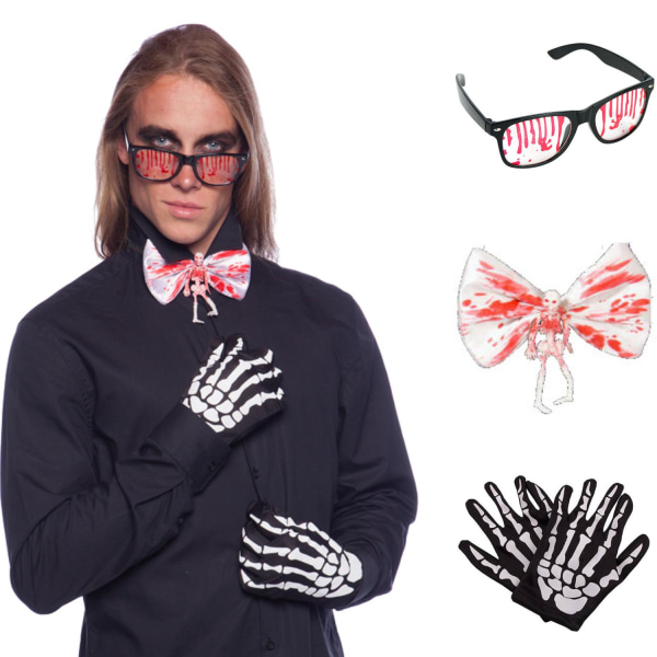 Halloween Set -lasit Rusetti hanskat - pelottavat Halloween -asusteet Setti, jossa on lasit, rusetti ja käsineet Multicolor
