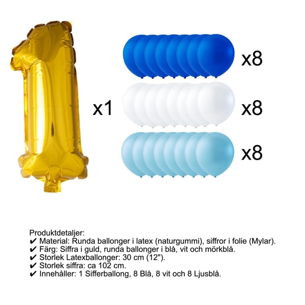 Ballonger bursdagsmiks barneselskap nummer + blå/hvit/mørkeblå 24p MultiColor 1