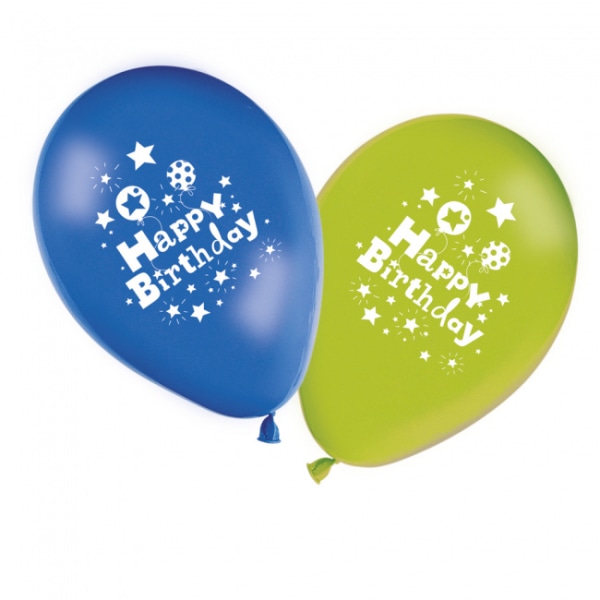 Balloner Happy Birthday 8 stk 4 blå og 4 lys grøn - 28 cm / 11" Multicolor