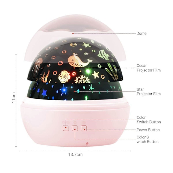 LED Stjernehimmel Projektor, Baby Natlampe, 2 i 1 Ocean World Projektionslampe med USB-kabel, 8 Farveskift & 360 Roterende Bordlampe til Børn